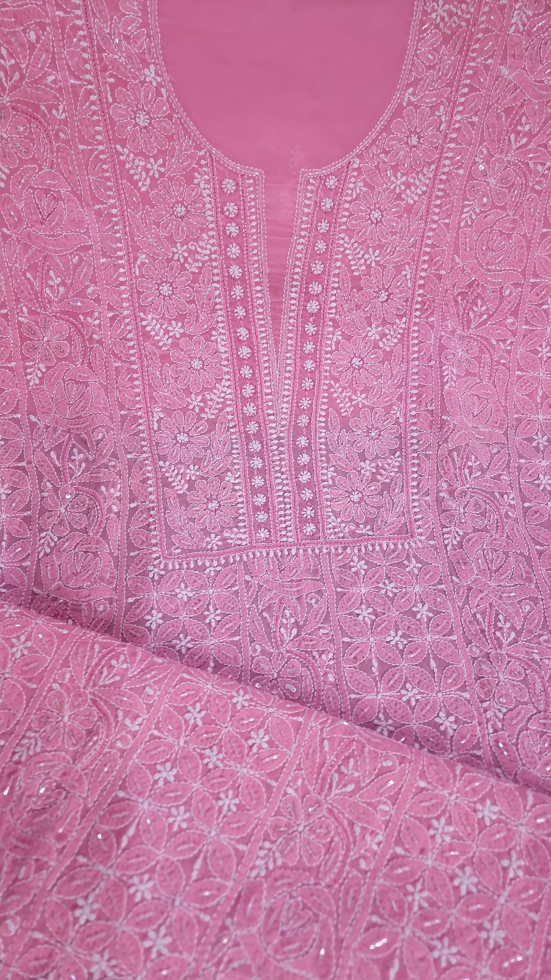 Unstitched Cotton Hand Embroidered Chikankari Dress Material with Cutdana, Resham & Badla Work | Pure Chiffon Dupatta | Lucknowi Artistry