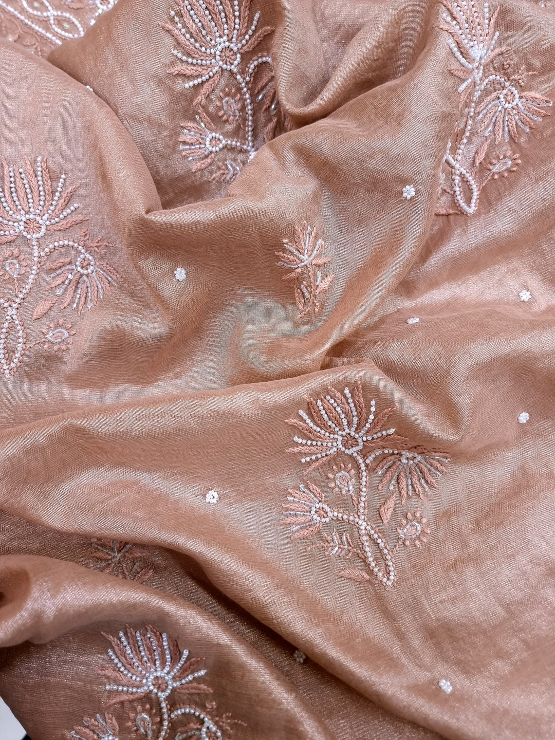 Soft Tissue Chikankari Unstitched Dress Material | 3 Taar Hand Embroidery with Pearl & Cutdana Work + Golden Border Dupatta