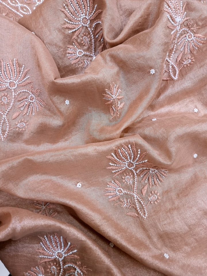 Soft Tissue Chikankari Unstitched Dress Material | 3 Taar Hand Embroidery with Pearl & Cutdana Work + Golden Border Dupatta
