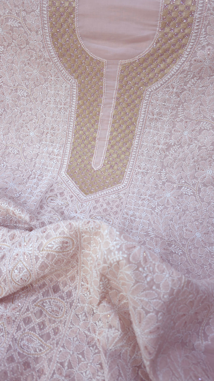 Afreen Premium Hand Embroidered Chikankari Cotton Unstitched Dress Material with Pure Chiffon Dupatta