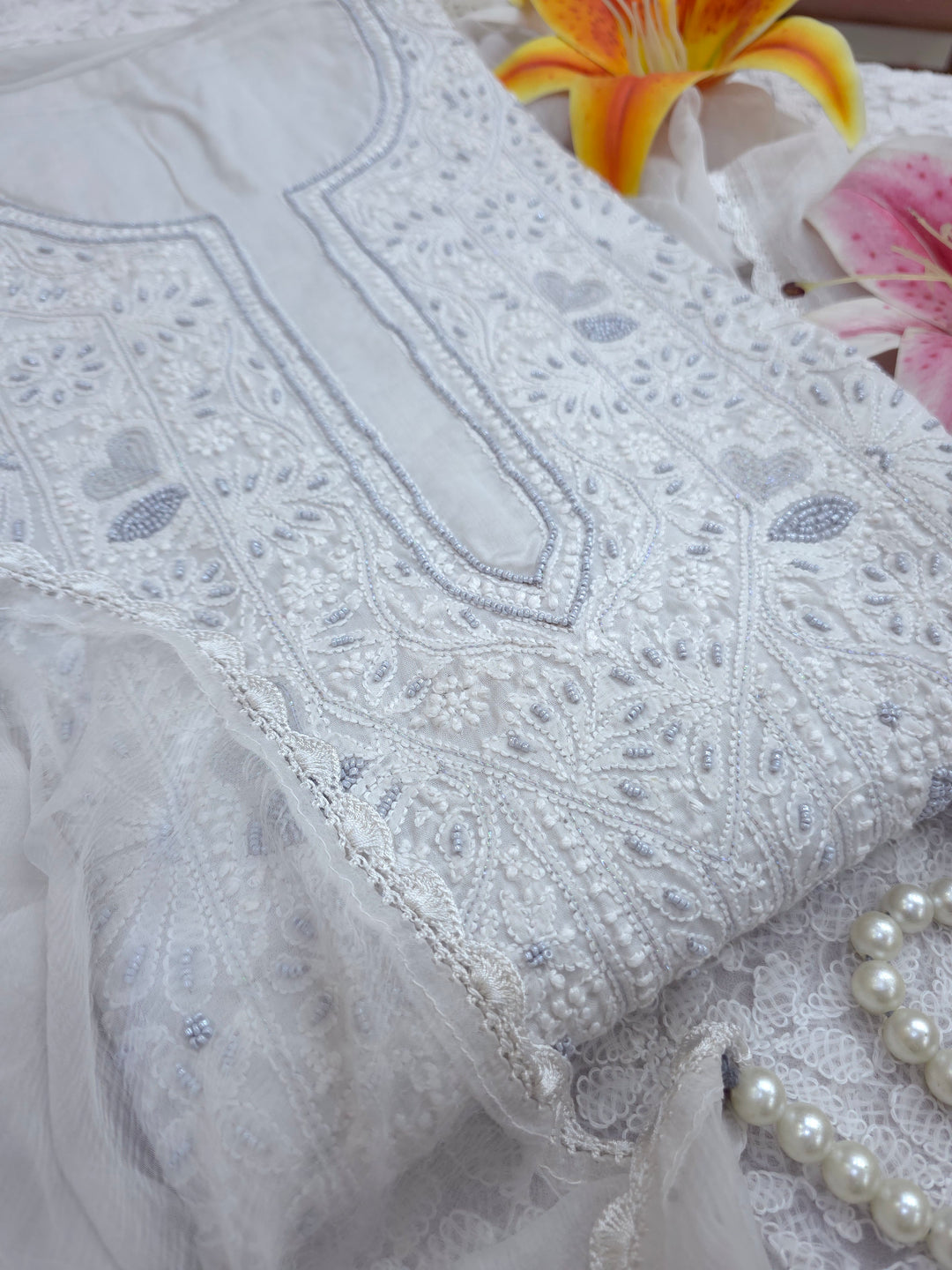 Paridhan Chikan Cotton Chikankari Unstitched Dress Material – 3 Pc Suit Set with Hand Embroidery & Pearl Work in Every Motif