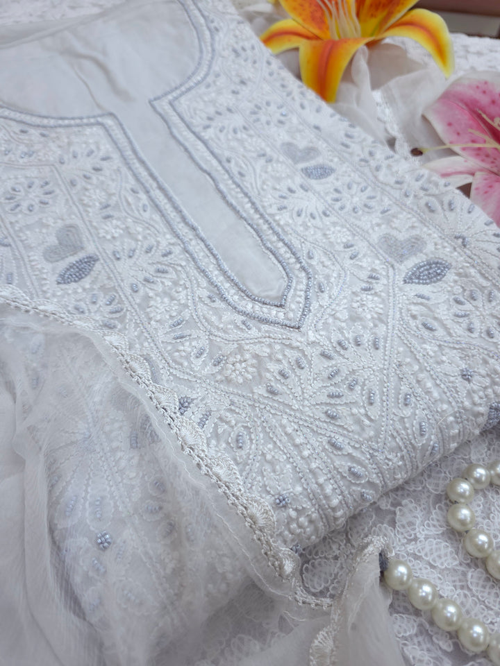 Paridhan Chikan Cotton Chikankari Unstitched Dress Material – 3 Pc Suit Set with Hand Embroidery & Pearl Work in Every Motif