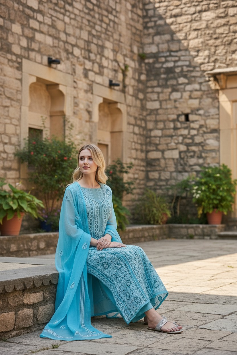 Unstitched Georgette Chikankari Dress Material | Hand Embroidered Kurta, Bottom & Dupatta