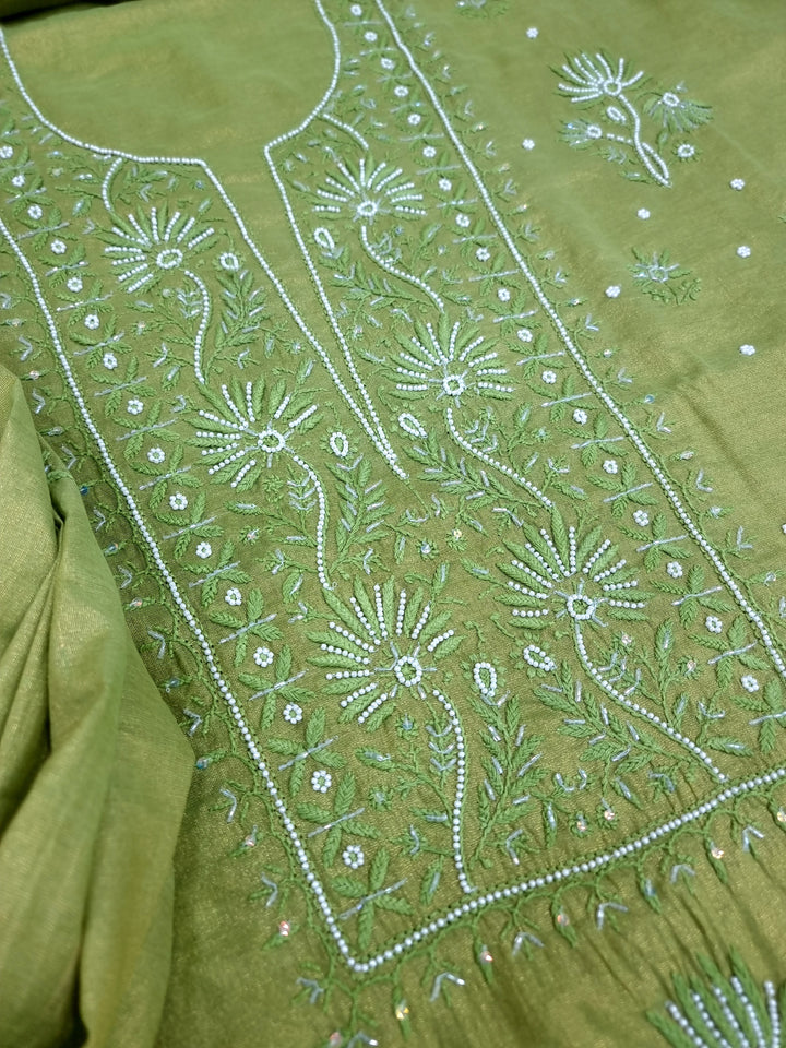 Soft Tissue Chikankari Unstitched Dress Material | 3 Taar Hand Embroidery with Pearl & Cutdana Work + Golden Border Dupatta