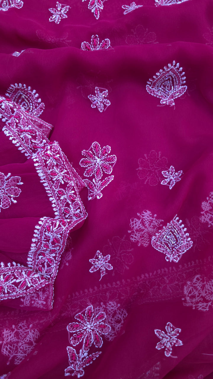 Alina Heavy Embellished Georgette Chikankari Unstitched Dress Material | Cutdana Handwork