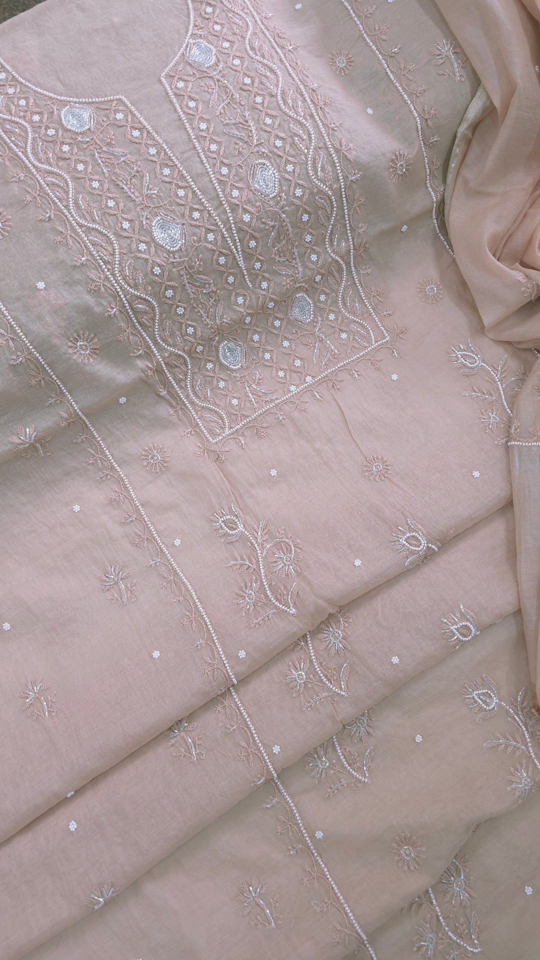Premium Mul Chanderi Supersoft Dyeable Chikankari Dress Material | Hand Embroidered with Pearls & Cutdaana | Kurta & Dupatta Set