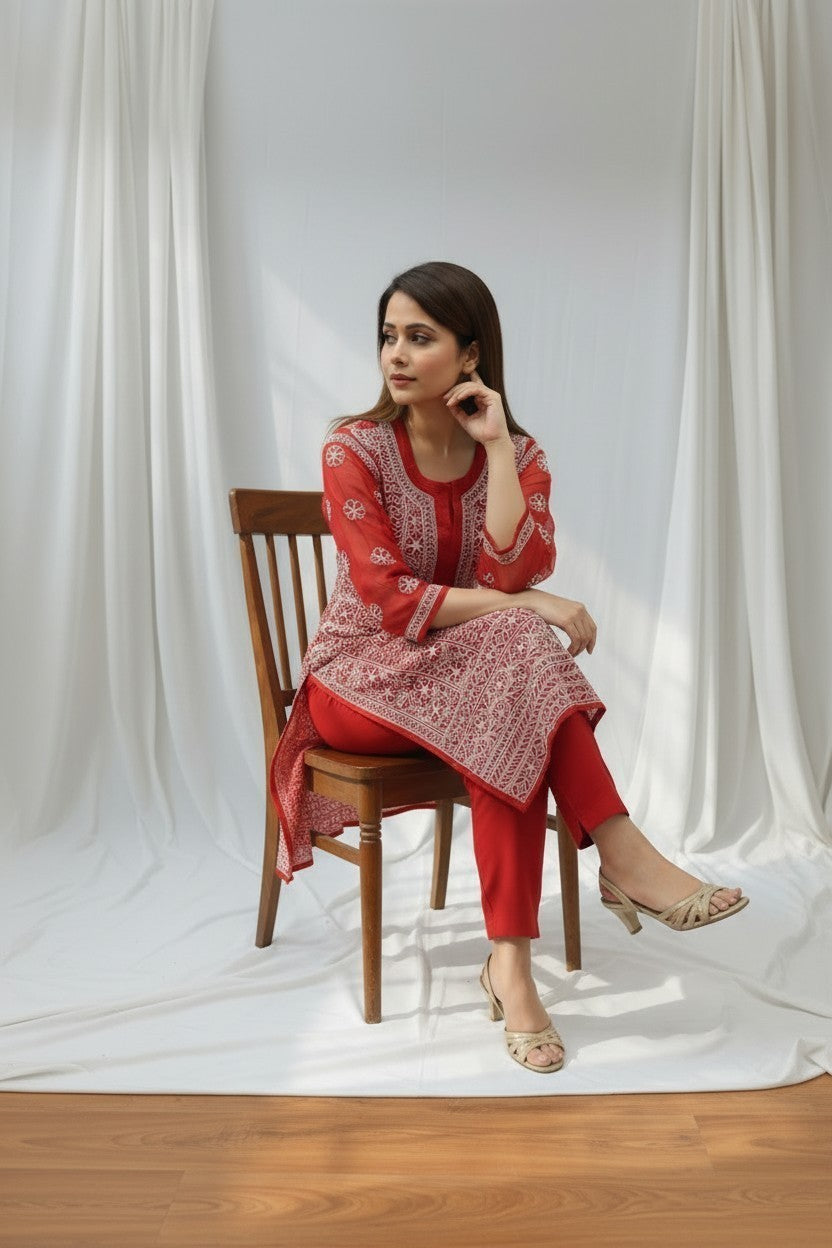 Raha Women’s Georgette Chikankari Kurti –Pearl, mirror n aari work -Designer Hand Embroidered Lucknowi Craft by Paridhan Chikan