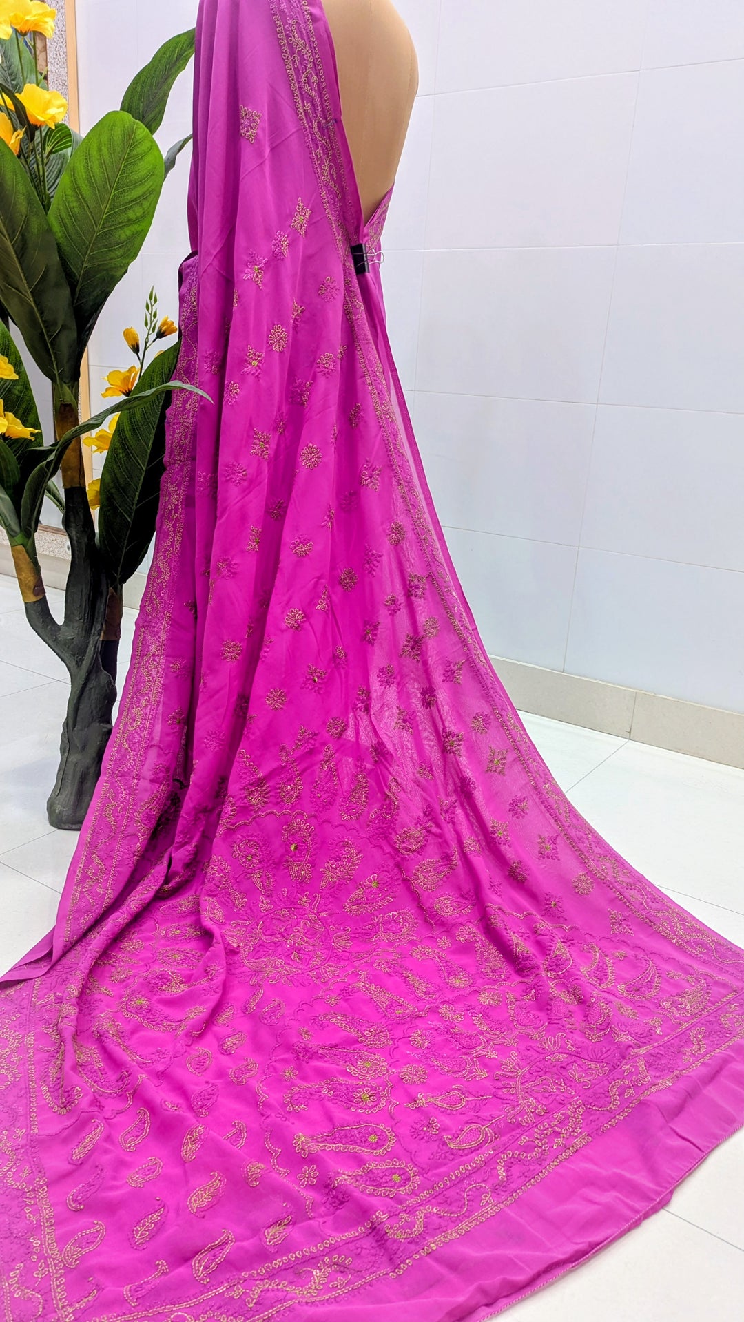 Faux Georgette Hand Chikankari Saree with Exclusive Border & designer Palla Design | Embroidered Blouse Included | Authentic Lucknow Handicraft by Paridhan Chikan