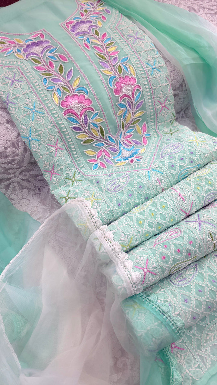 Cotton Resham Neckline chikankari dress material- Sea Green