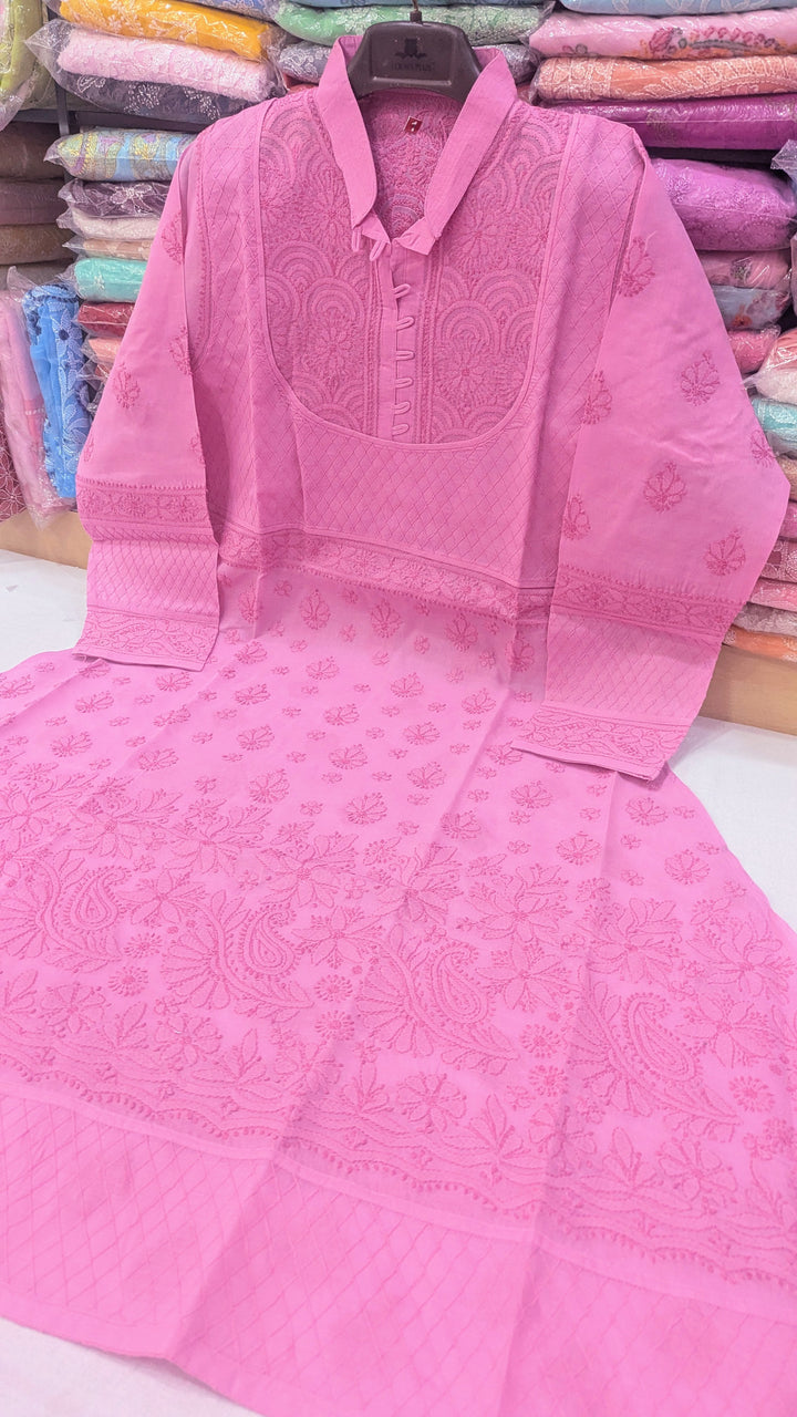 Cotton Lucknowi Chikankari 46" Long A-line Kurti | 100% Hand Embroidered| No Shrinkage