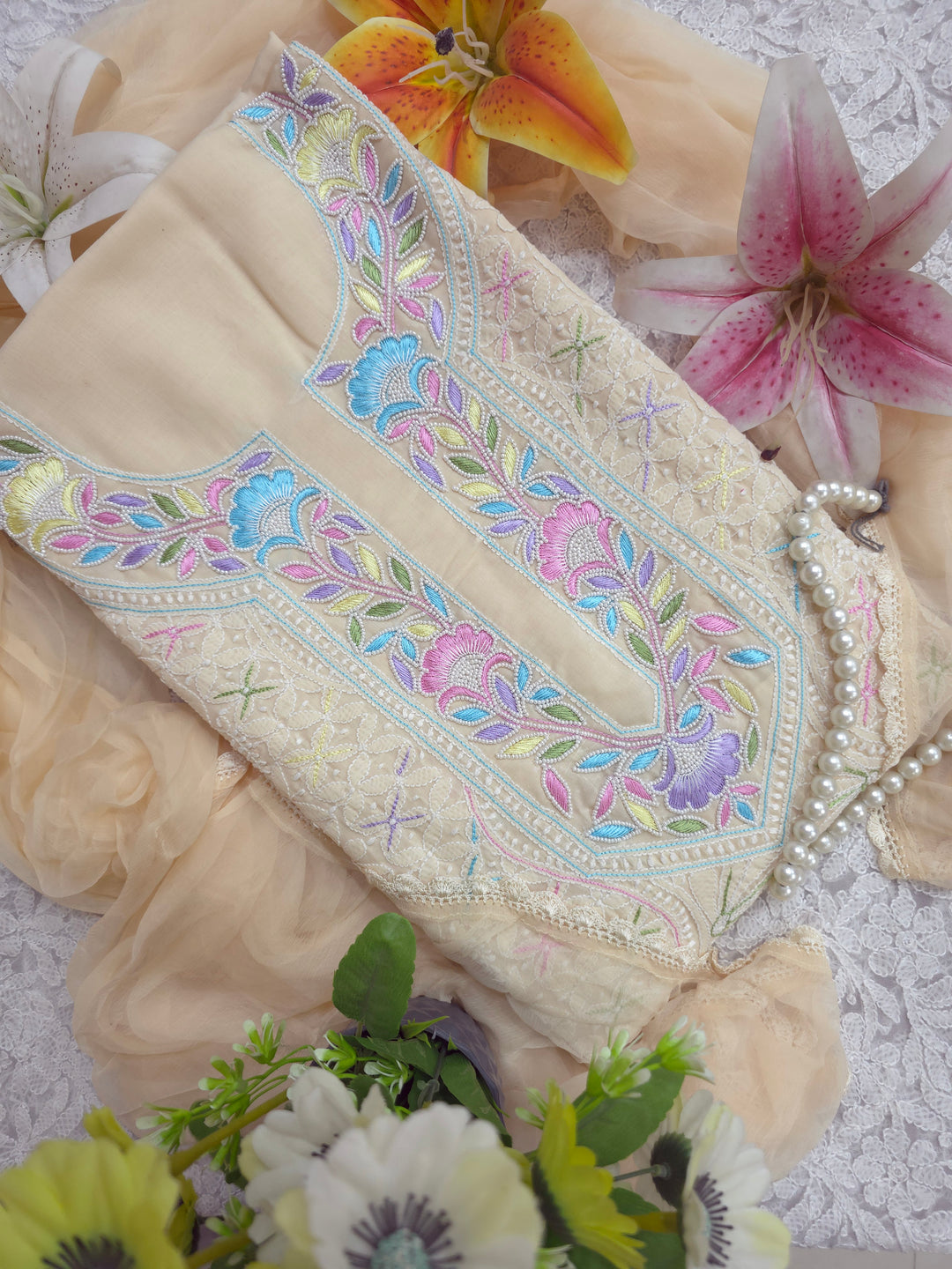 Nafasat Cotton Resham Neckline chikankari dress material