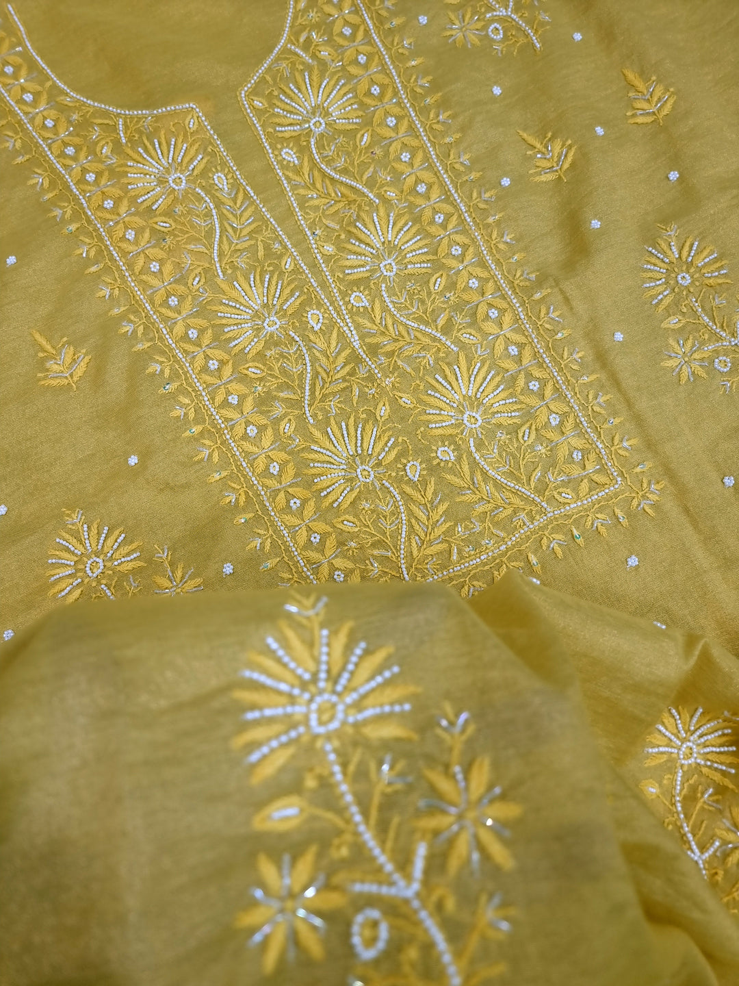 Soft Tissue Chikankari Unstitched Dress Material | 3 Taar Hand Embroidery with Pearl & Cutdana Work + Golden Border Dupatta