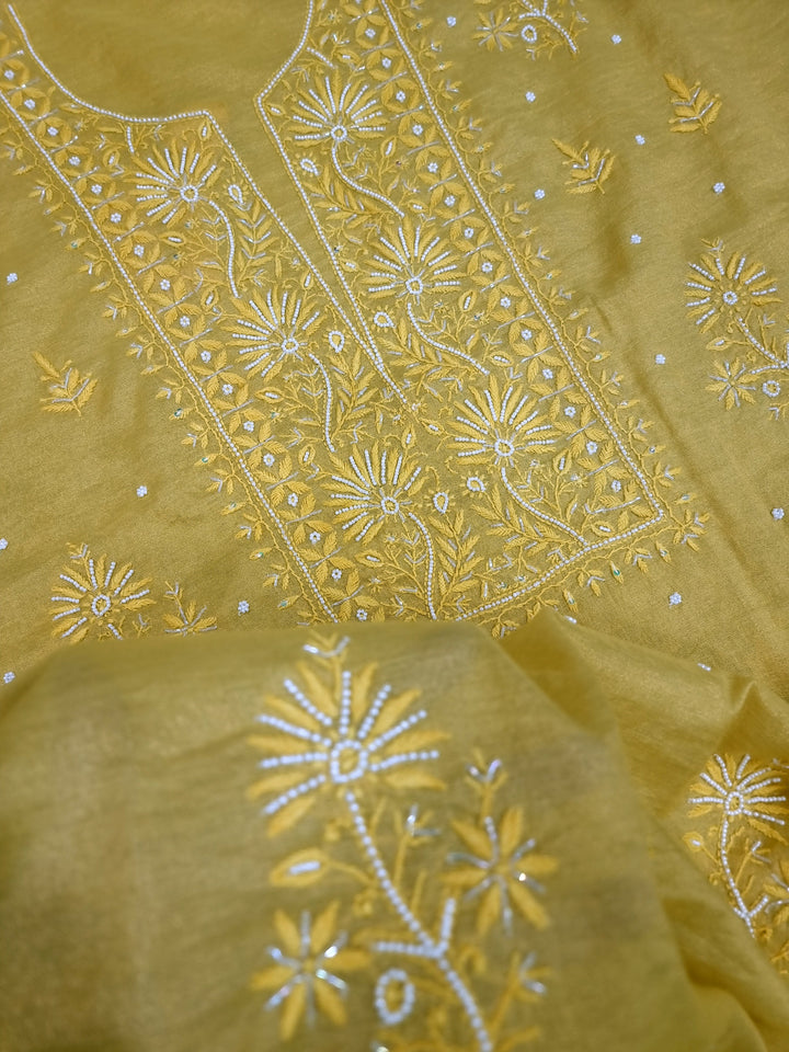 Soft Tissue Chikankari Unstitched Dress Material | 3 Taar Hand Embroidery with Pearl & Cutdana Work + Golden Border Dupatta
