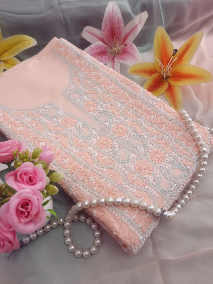 Lucknow Chikankari Hand Embroidered Cotton Dress Material with Tri-Color Motifs & Pure Chiffon Dupatta