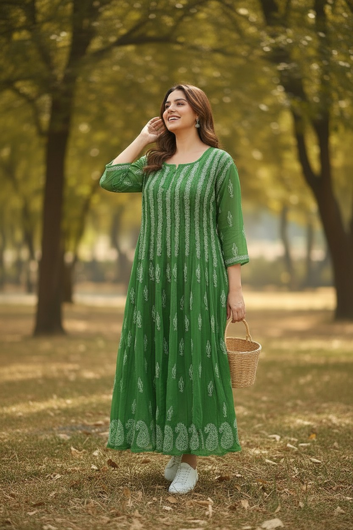 Georgette Lucknowi Chikankari 50" Long Anarkali Kurti | 100% Hand Embroidered| No Shrinkage