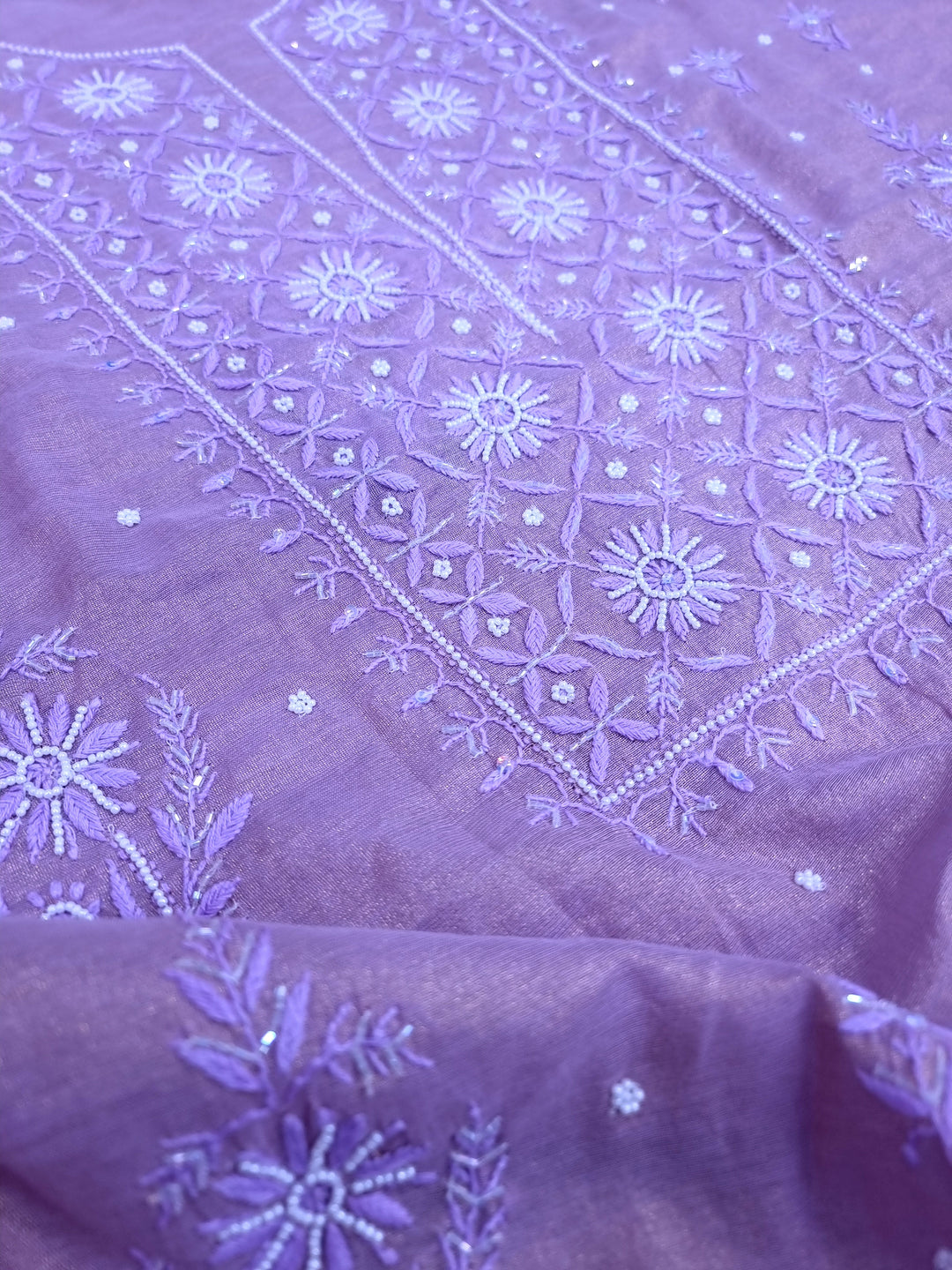 Soft Tissue Chikankari Unstitched Dress Material | 3 Taar Hand Embroidery with Pearl & Cutdana Work + Golden Border Dupatta