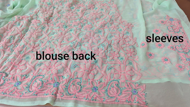 Faux Georgette Hand Chikankari Saree with Exclusive Border & designer Palla Design | Embroidered Blouse Included | Authentic Lucknow Handicraft by Paridhan Chikan