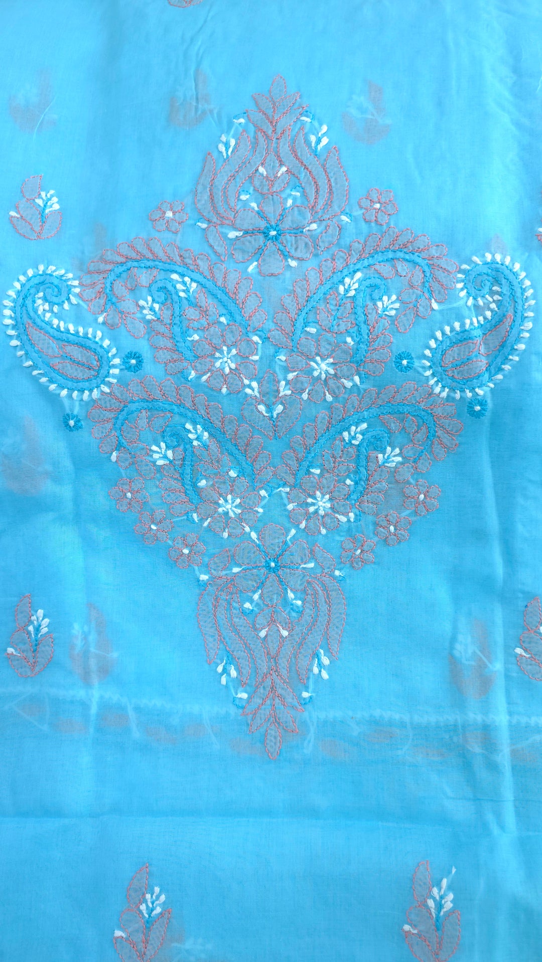 Lucknow Chikankari Hand Embroidered Cotton Dress Material with Tri-Color Motifs & Pure Chiffon Dupatta
