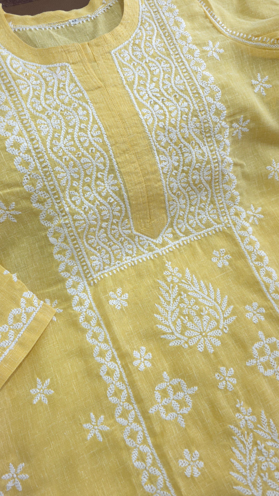 Hand Embroidery Chikankari Linen Kurti - Pastel Yellow