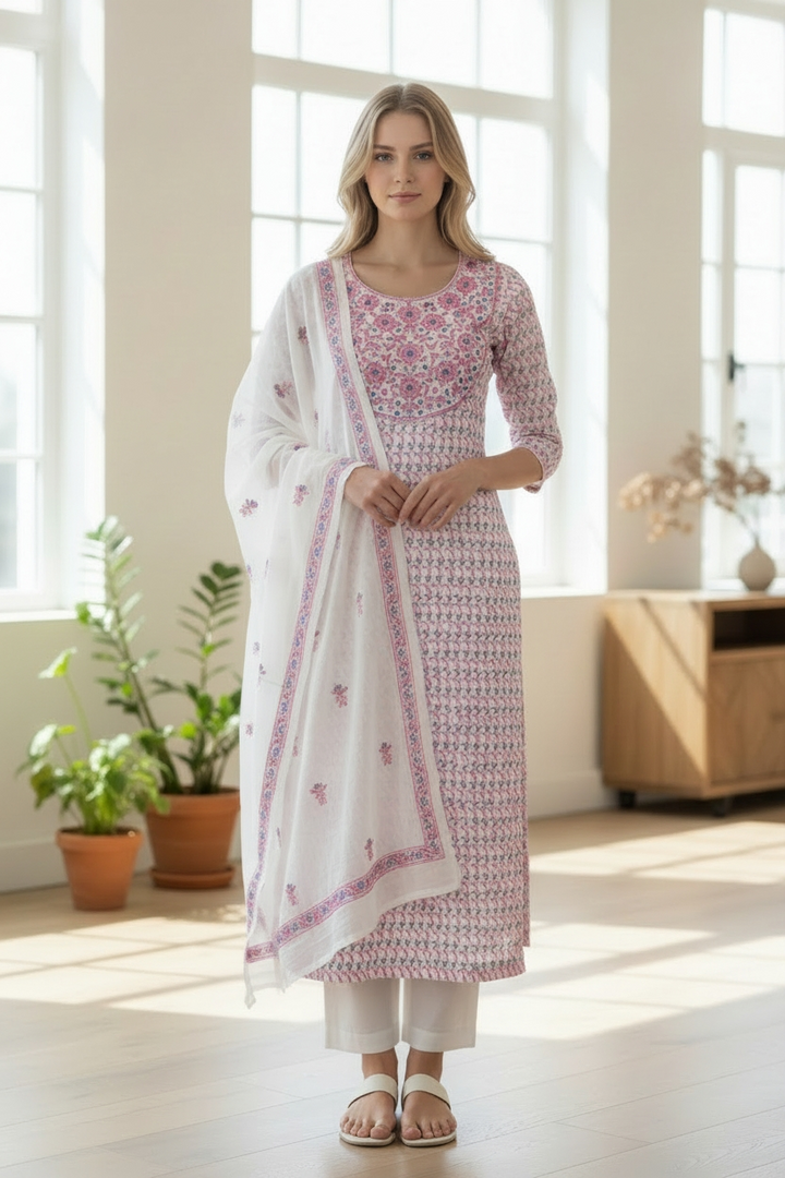 Unstitched Georgette Chikankari Dress Material | Hand Embroidered Kurta, Bottom & Dupatta