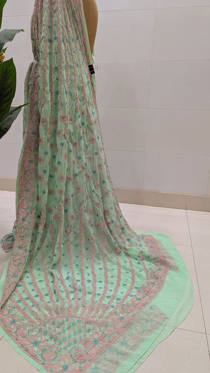 Faux Georgette Hand Chikankari Saree with Exclusive Border & designer Palla Design | Embroidered Blouse Included | Authentic Lucknow Handicraft by Paridhan Chikan
