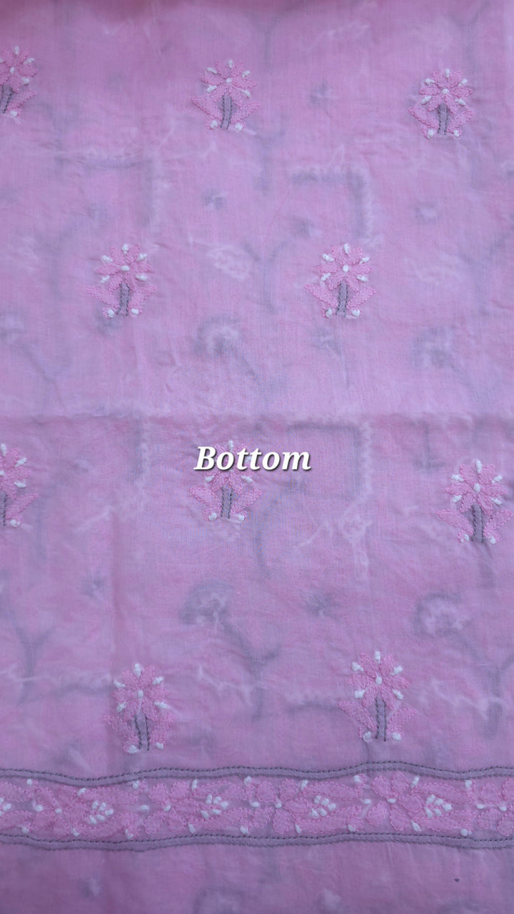 Lucknow Chikankari Hand Embroidered Cotton Dress Material with Tri-Color Motifs & Pure Chiffon Dupatta