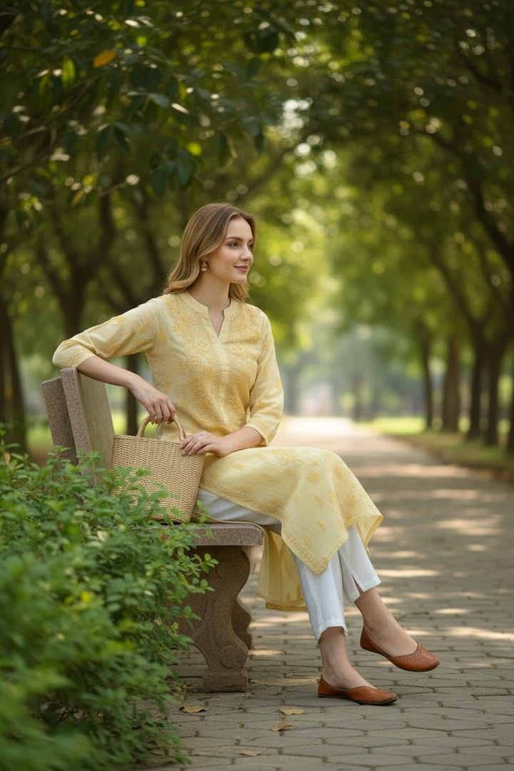 Pure Cotton Linen Lucknowi Chikankari Long Kurti | 100% Hand Embroidered | Non-Transparent | No Shrinkage