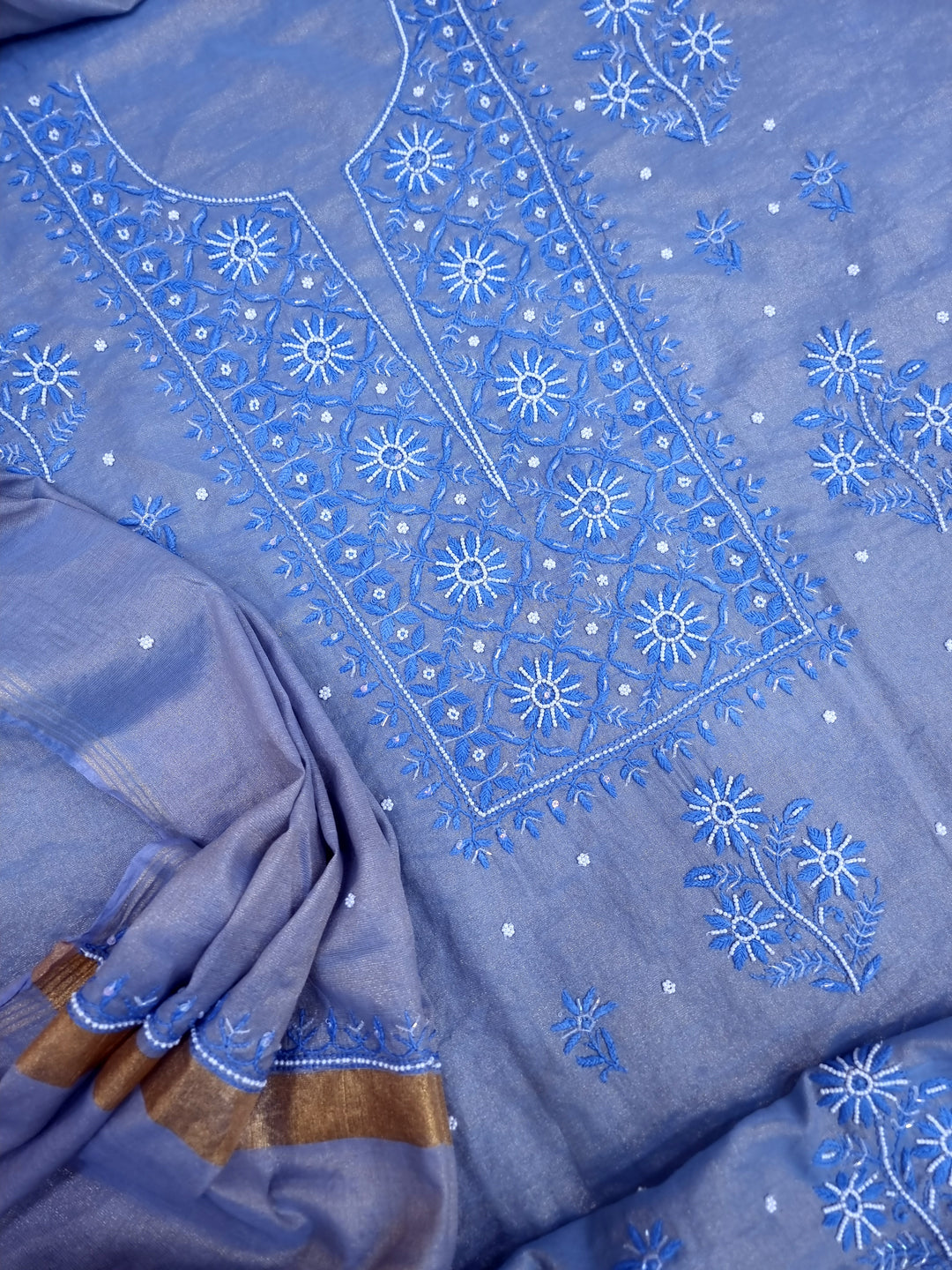 Soft Tissue Chikankari Unstitched Dress Material | 3 Taar Hand Embroidery with Pearl & Cutdana Work + Golden Border Dupatta