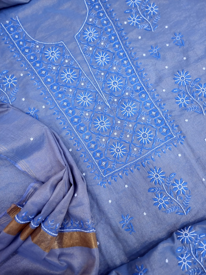 Soft Tissue Chikankari Unstitched Dress Material | 3 Taar Hand Embroidery with Pearl & Cutdana Work + Golden Border Dupatta