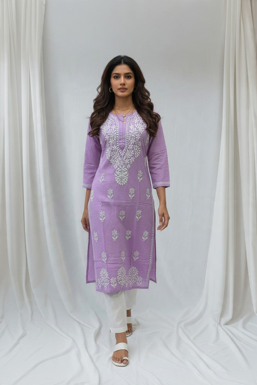 Saba Rayon Chikankari Hand Embroidered Kurti for Women | Premium Soft & Non-Transparent Fabric | 46 Inch Length | Lucknowi Chikan Kurta