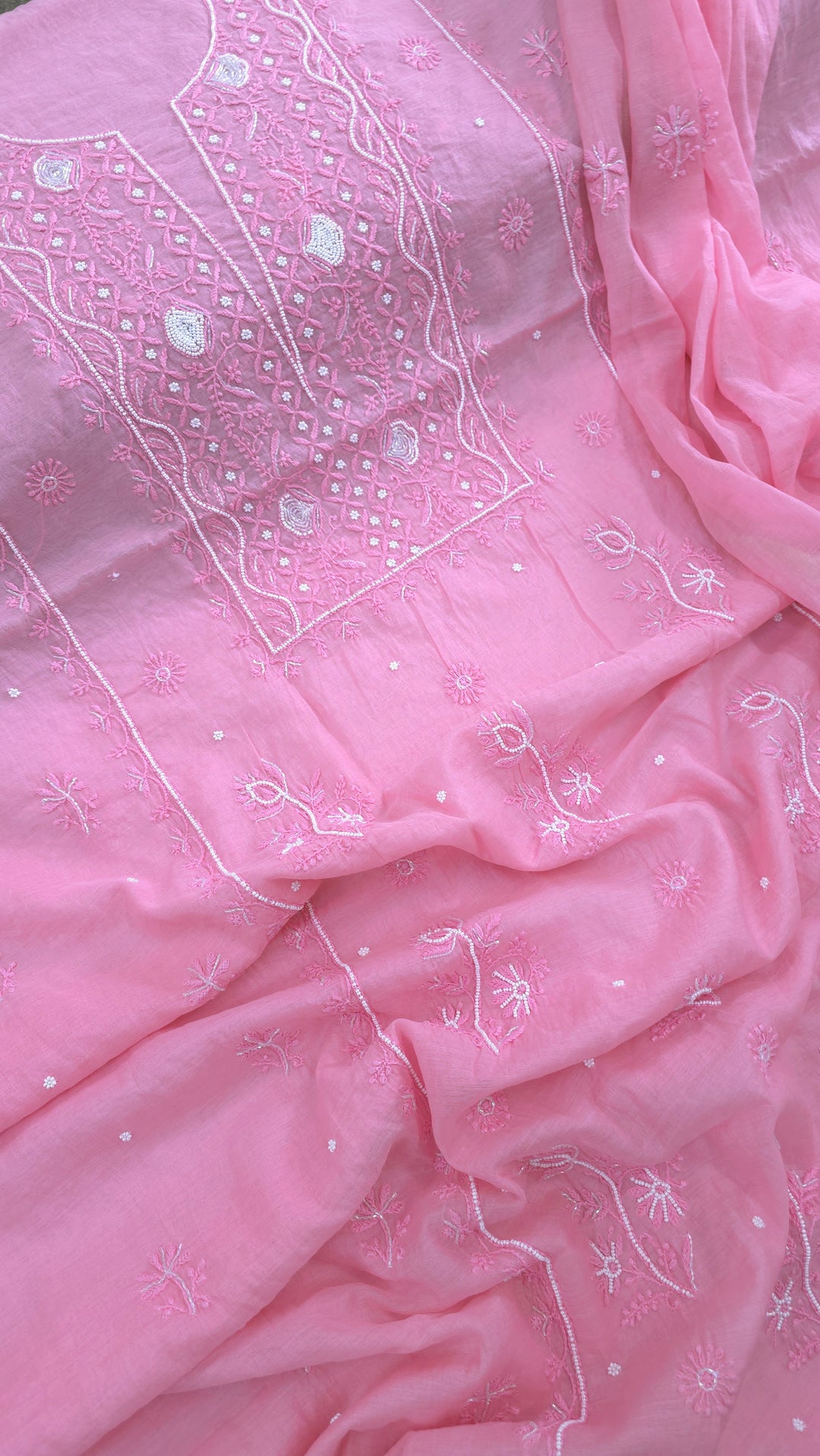 Premium Mul Chanderi Supersoft Dyeable Chikankari Dress Material | Hand Embroidered with Pearls & Cutdaana | Kurta & Dupatta Set