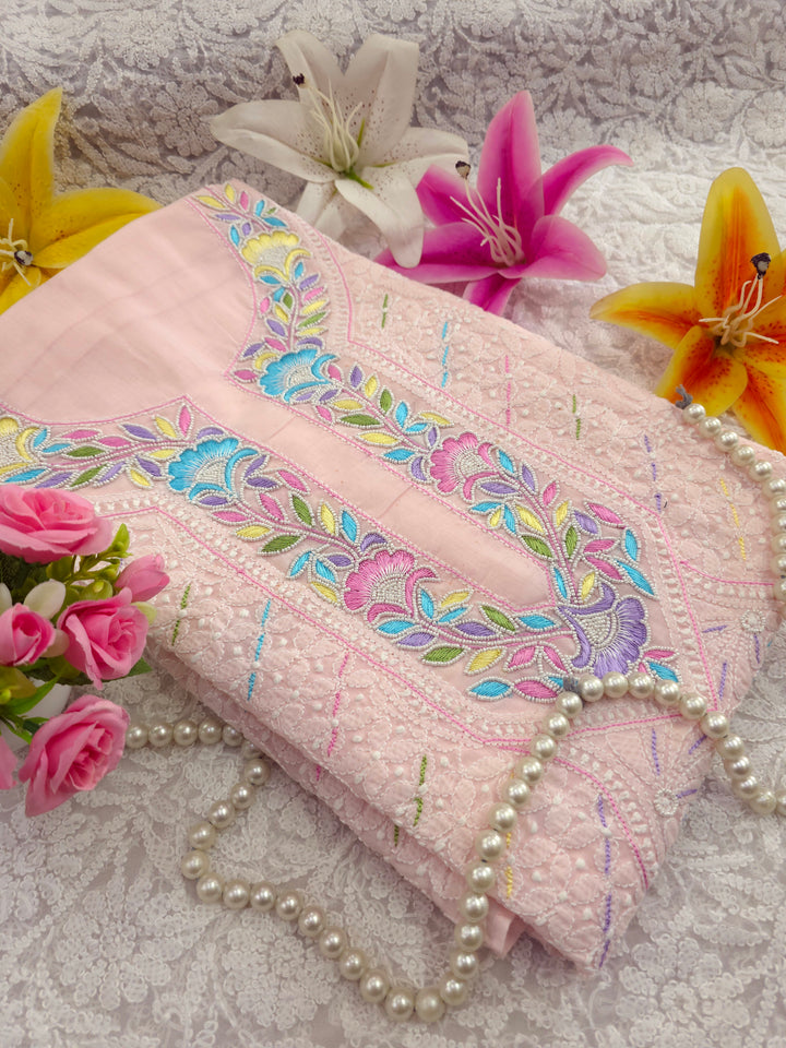 Cotton Resham Neckline chikankari dress material- Baby Pink