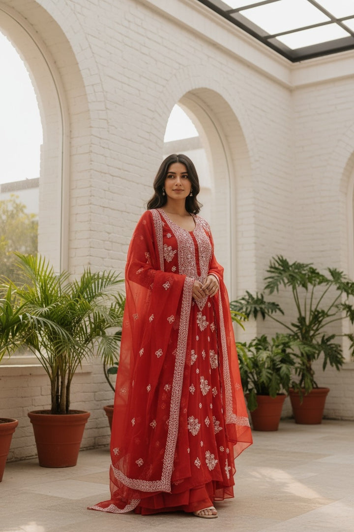 "Paridhan Chikan Georgette Lucknowi Chikankari Unstitched Suit Set – Hand Embroidered Kurta, Bottom & Dupatta for Women"