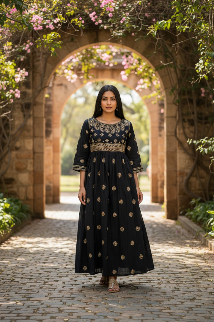 Cotton Lucknowi Chikankari 50 " Long A line Gown Kurti | 100% Hand Embroidered| No Shrinkage