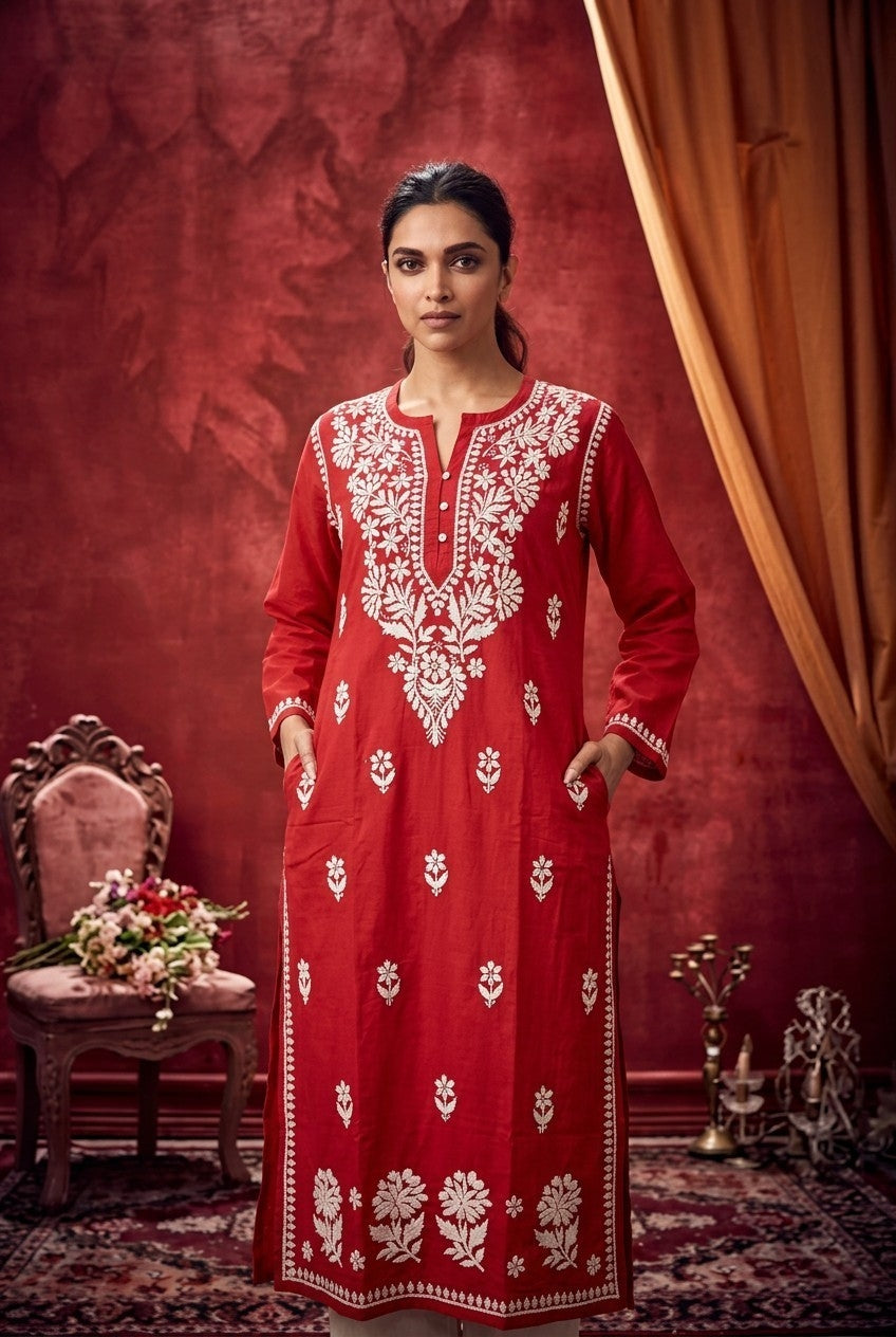Deepika Rayon Lucknow Chikankari Long Kurti | 100% Authentic Hand Embroidery | Super Soft & Non-Transparent