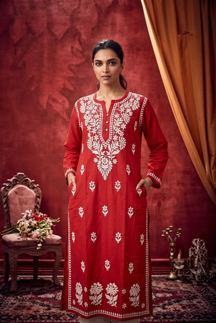 Deepika Rayon Lucknow Chikankari Long Kurti | 100% Authentic Hand Embroidery | Super Soft & Non-Transparent