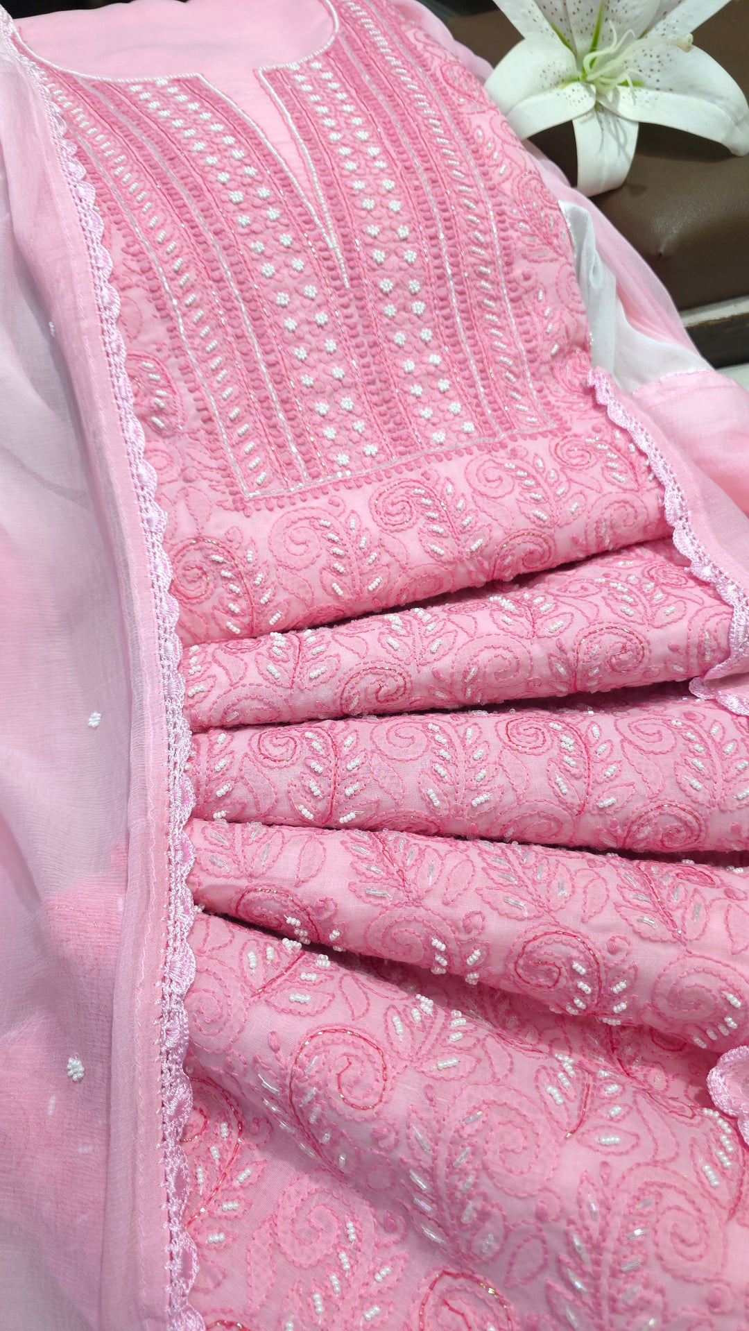 Paridhan Chikan Cotton Chikankari Unstitched Dress Material – 3 Pc Suit Set with Hand Embroidery & Pearl Work in Every Motif