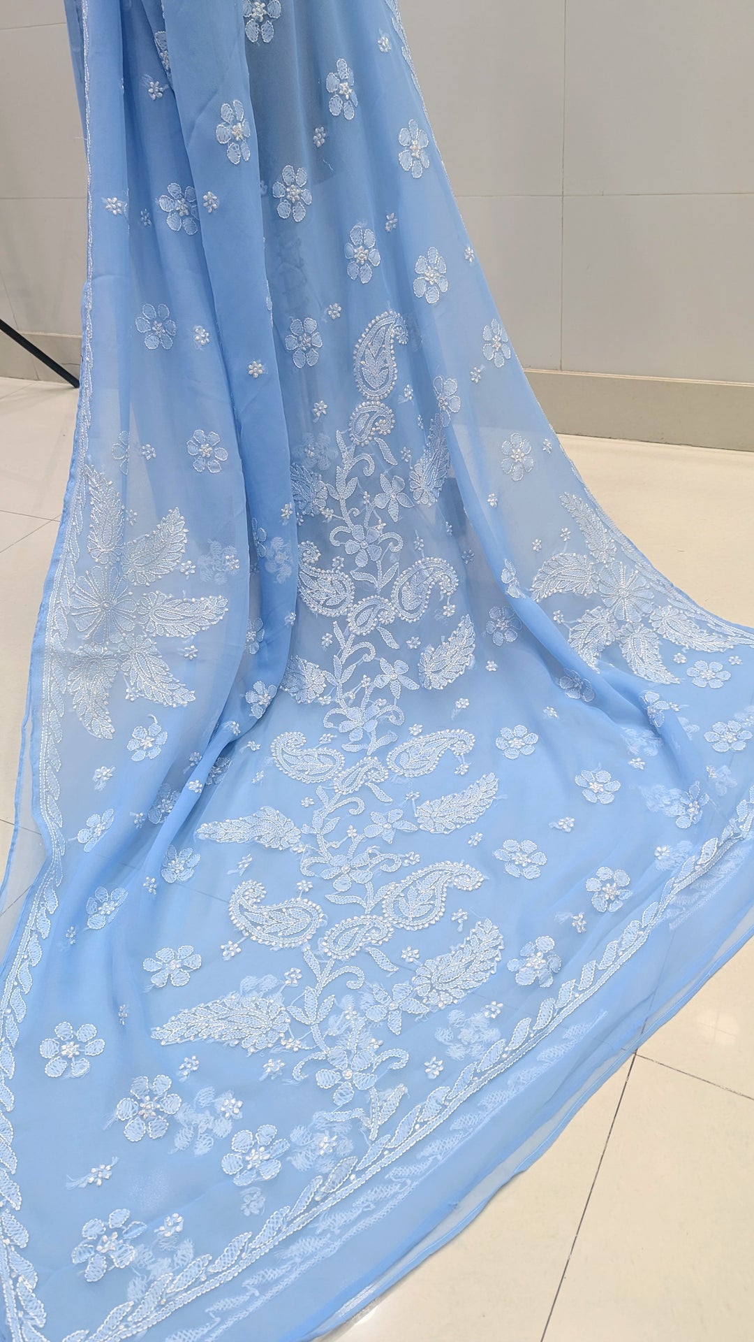 Faux Georgette Hand Chikankari Saree with Exclusive Border & Palla Design | Embroidered Blouse Included | Authentic Lucknow Handicraft by Paridhan Chikan