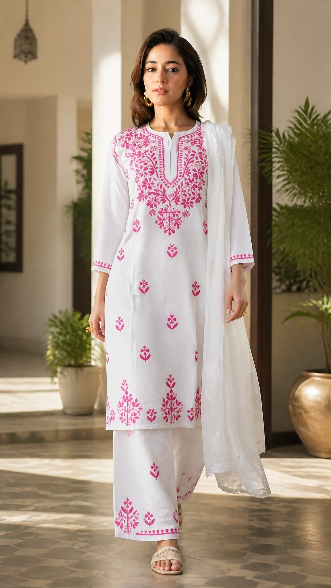 Ananya Rayon Colored Thread Chikankari Kurta Palazzo Dupatta Set | Lucknow Hand Embroidery | Paridhan Chikan