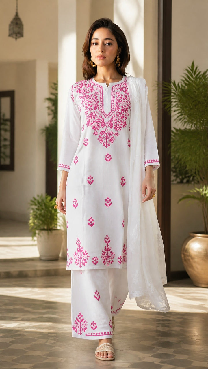 Ananya Rayon Colored Thread Chikankari Kurta Palazzo Dupatta Set | Lucknow Hand Embroidery | Paridhan Chikan