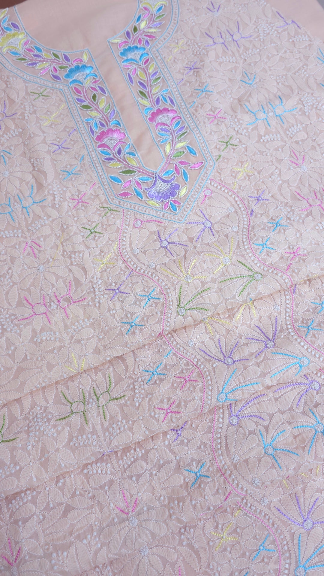 Cotton Resham Neckline chikankari dress material- Peach