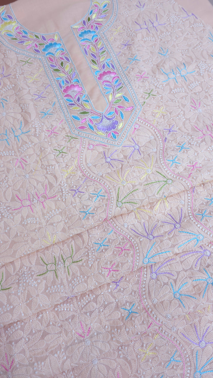 Cotton Resham Neckline chikankari dress material- Peach