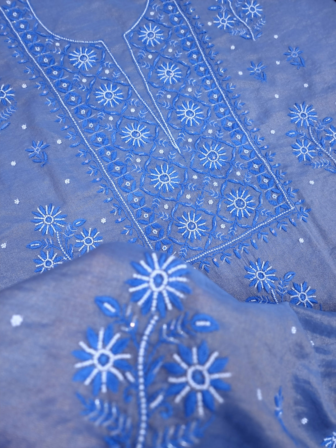 Soft Tissue Chikankari Unstitched Dress Material | 3 Taar Hand Embroidery with Pearl & Cutdana Work + Golden Border Dupatta