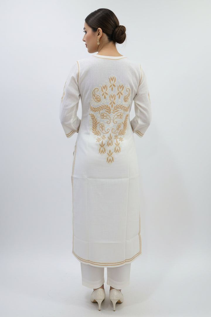 Pure Cotton Linen Lucknowi Chikankari Long Kurti | 100% Hand Embroidered | Non-Transparent | No Shrinkage
