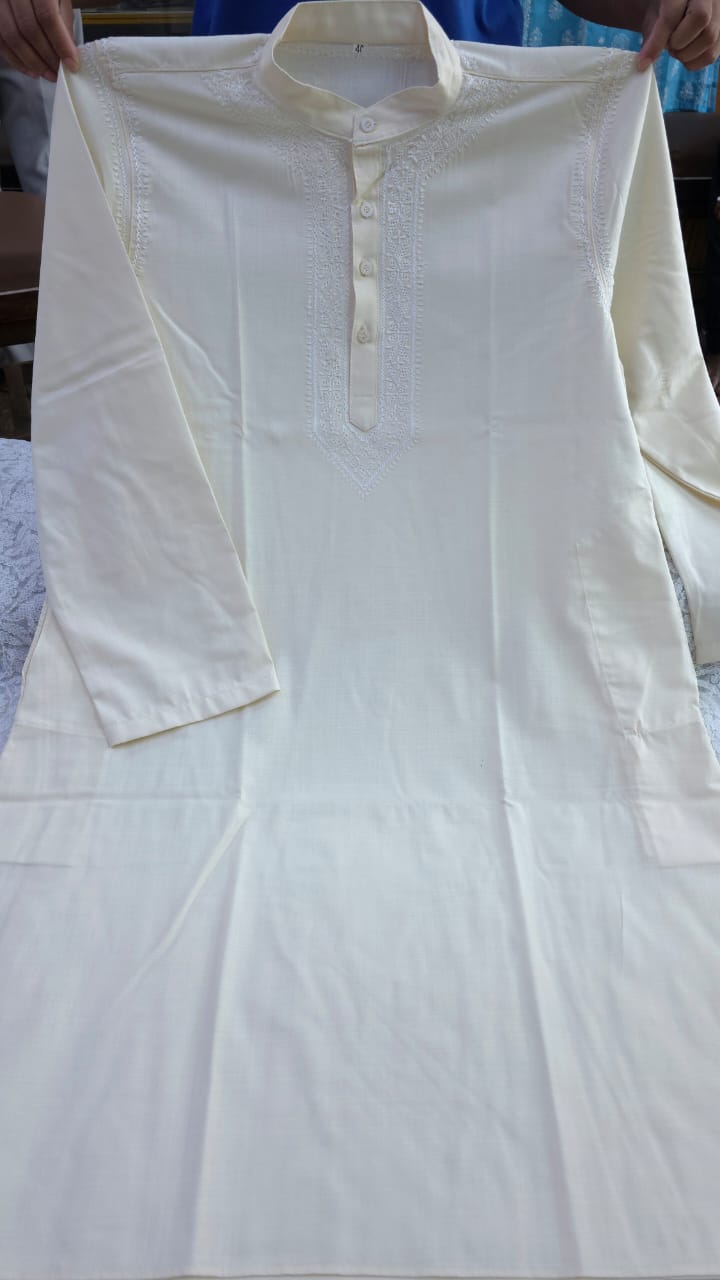 Polo Cotton hand embroidered Men's chikankari kurta-cream