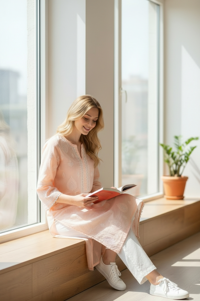 Cotton Chikankari Hand Embroidered Kurti for Women | Premium Soft  | 44 Inch Length | Lucknowi Chikan Kurta