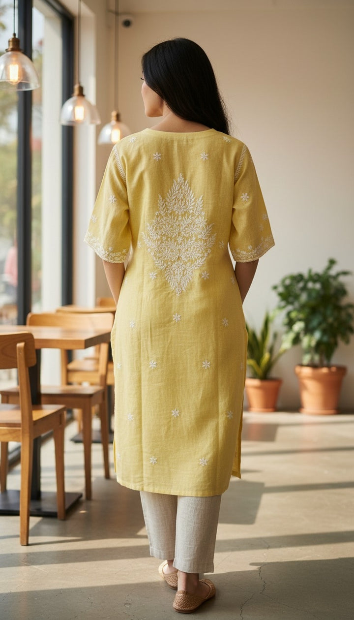 Hand Embroidery Chikankari Linen Kurti - Pastel Yellow