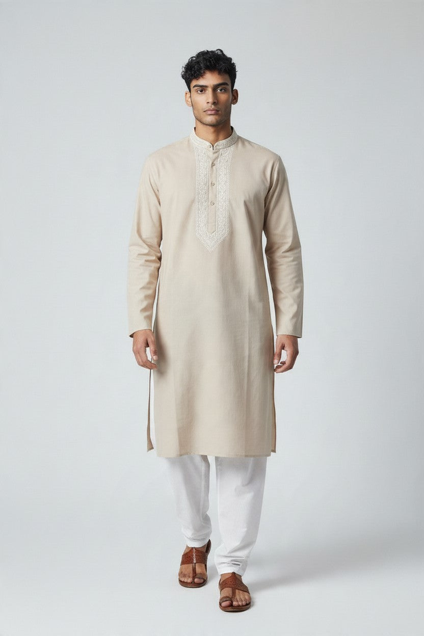 Polo Cotton hand embroidered Men's chikankari kurta-mud brown