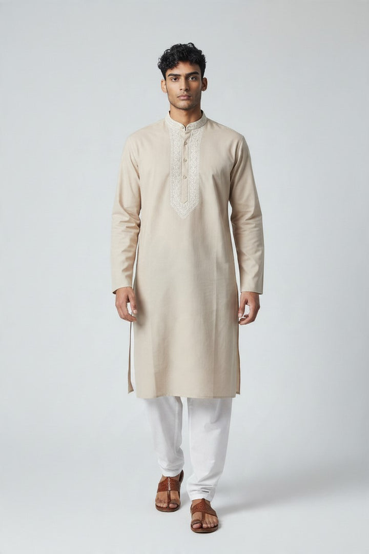Polo Cotton hand embroidered Men's chikankari kurta-mud brown