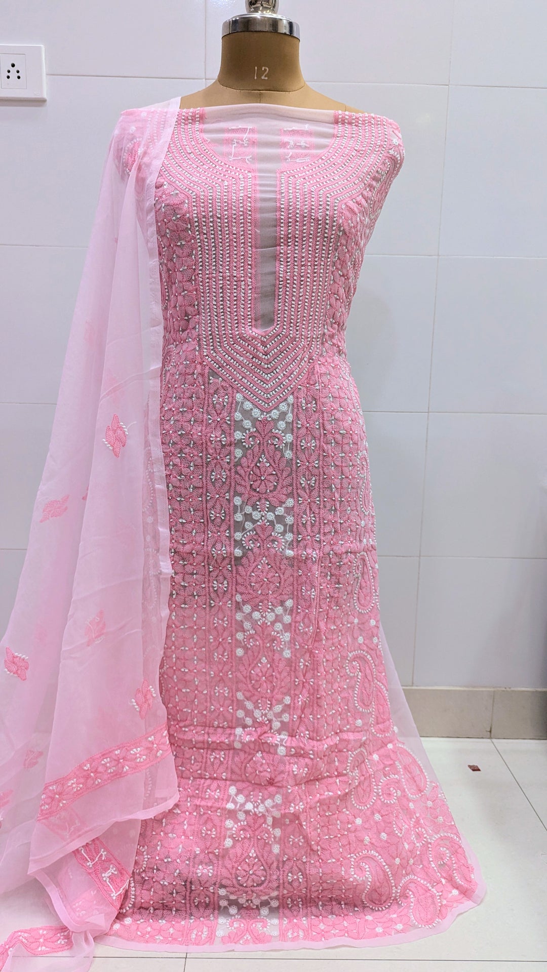 Unstitched Georgette Chikankari Dress Material | Hand Embroidered Kurta, Bottom & Dupatta